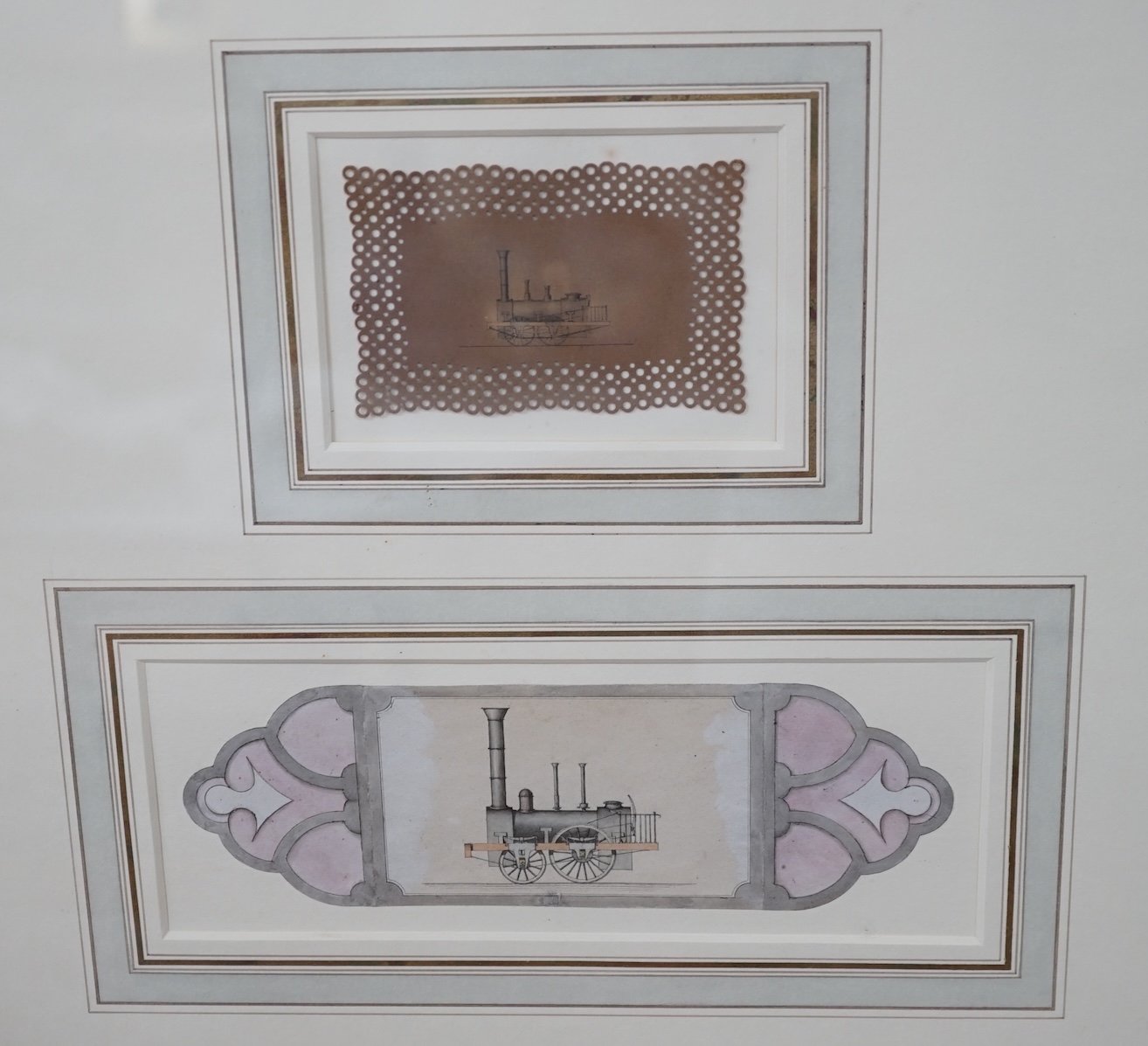 Charles Kinder, two miniature watercolour and ink studies of locomotives, framed as one, inscribed in pencil drawn by Charles Kinder, 1840, largest 7 x 9.5cm. Condition - fair